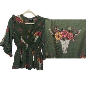Angie women's S skull/floral motif bell sleeve ruffle trim v neck babydoll EUC